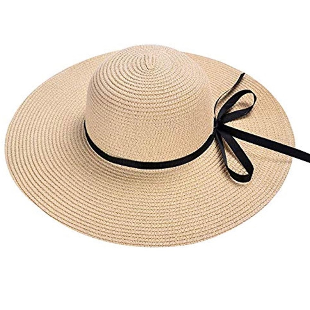 Beige Floppy Beach Straw Hat, Foldable Wide Brim with Bowknot UPF50 - Picture 3 of 7